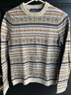 Topman Cream Fair Isle Crewneck Sweater with Blue and Brown Stripes